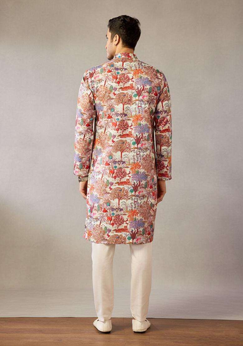 Multi Printed Silk Kurta Set For Men - Indya