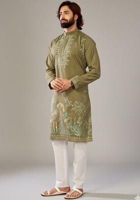 Olive Embroidered Silk Kurta Set For Men