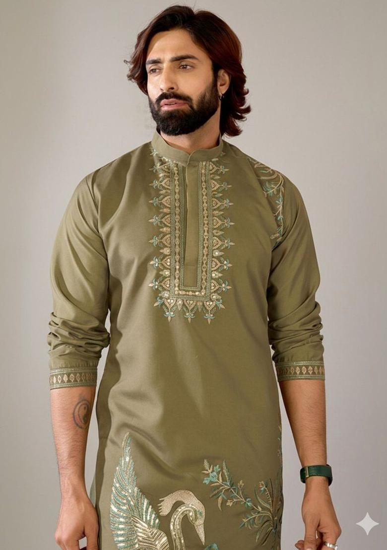 Olive Embroidered Silk Kurta Set For Men - Indya