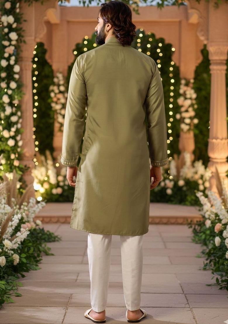 Olive Embroidered Silk Kurta Set For Men - Indya