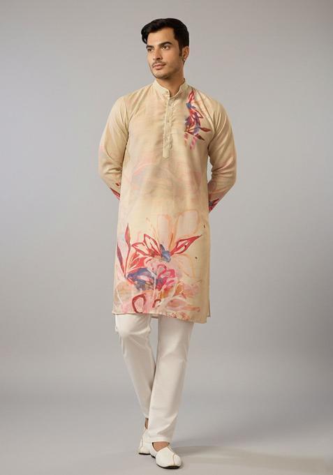 Beige Printed Silk Kurta Set For Men