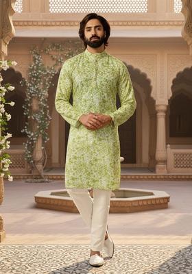 Green Self Design Silk Kurta Set For Men