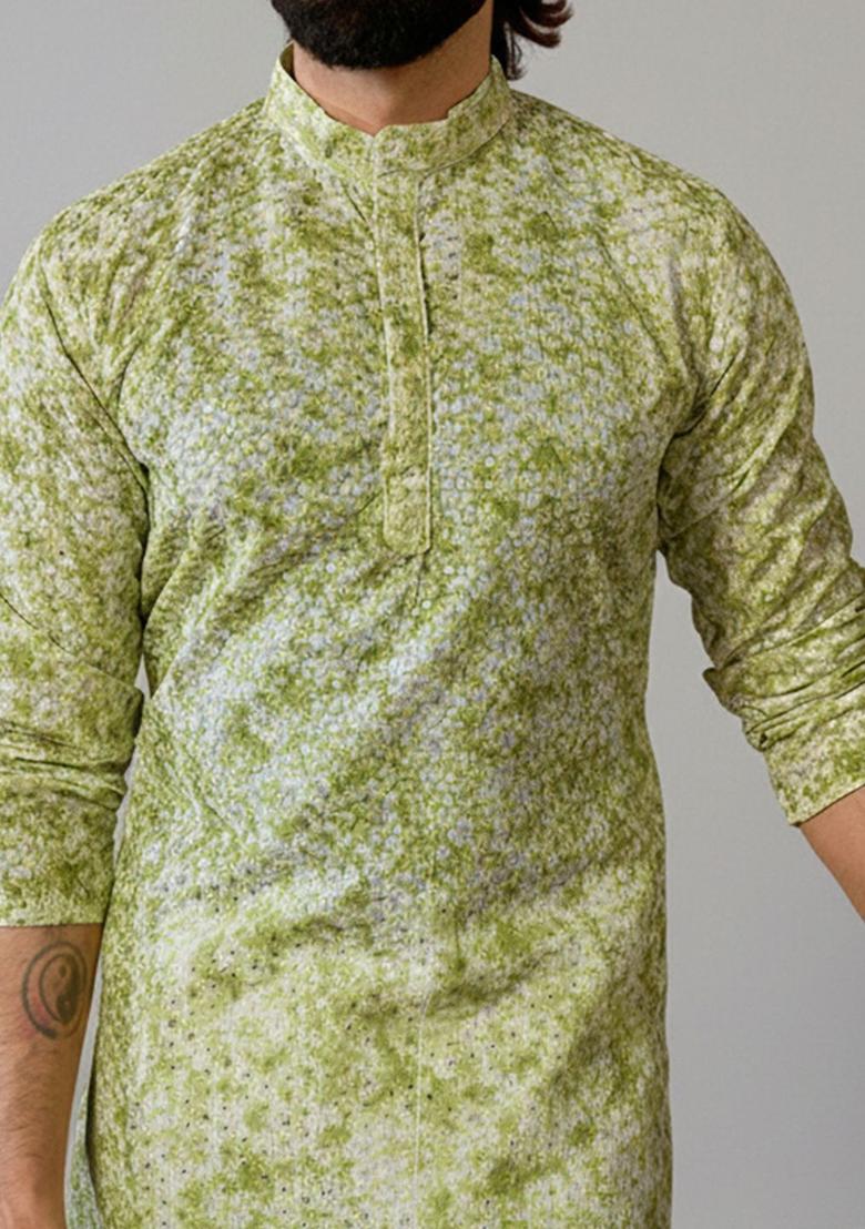 Green Self Design Silk Kurta Set For Men - Indya