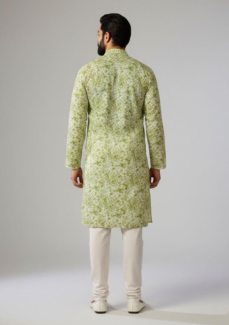 Green Self Design Silk Kurta Set For Men - Indya