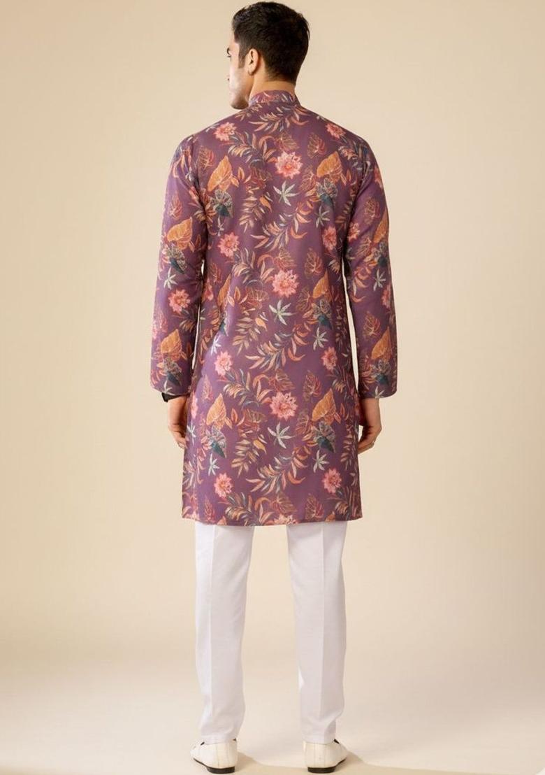 Purple Printed Cotton Kurta Set For Men - Indya