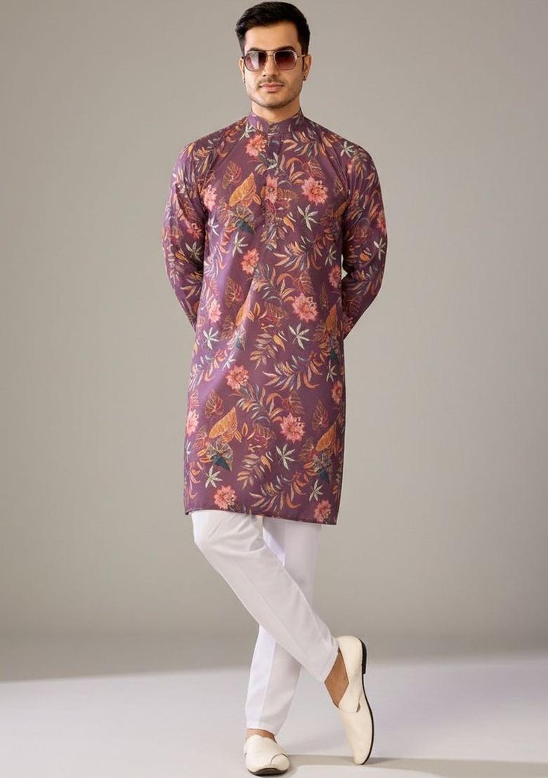 Purple Printed Cotton Kurta Set For Men - Indya