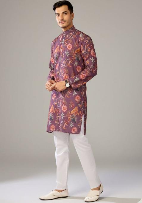 Purple Printed Cotton Kurta Set For Men
