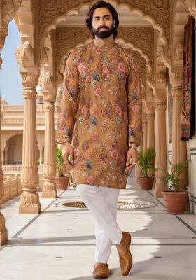 Brown Printed Polyester Kurta Set For Men