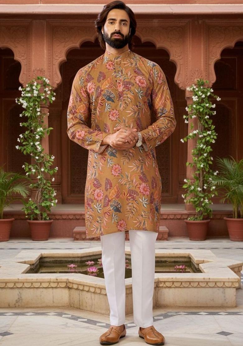 Brown Printed Polyester Kurta Set For Men - Indya