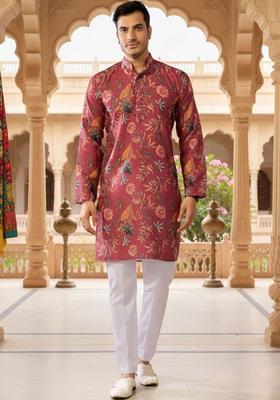 Pink Printed Silk Kurta Set For Men
