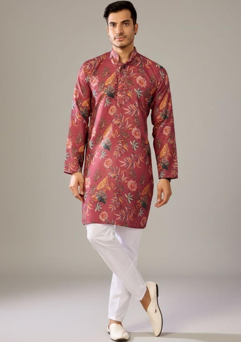 Pink Printed Silk Kurta Set For Men - Indya