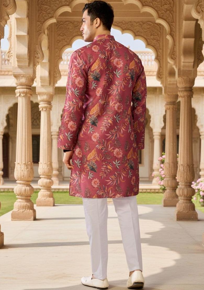 Pink Printed Silk Kurta Set For Men - Indya