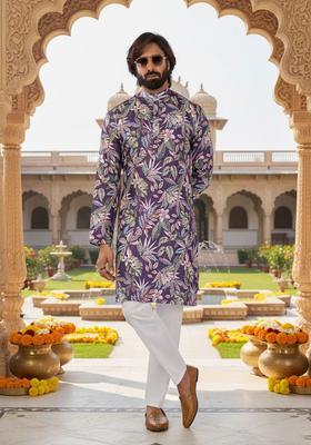 Purple Printed Cotton Kurta Set For Men