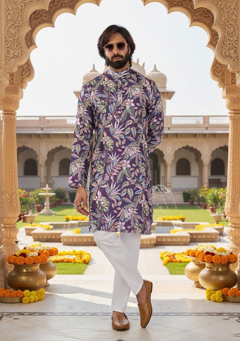 Purple Printed Cotton Kurta Set For Men - Indya
