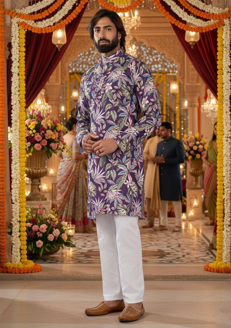 Purple Printed Cotton Kurta Set For Men - Indya