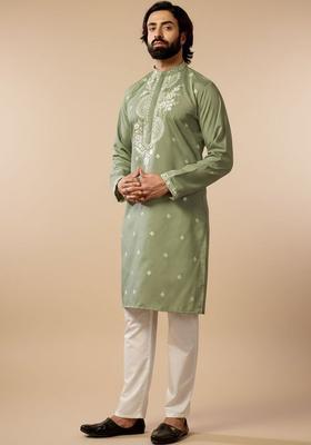 Olive Embroidered Silk Kurta Set For Men