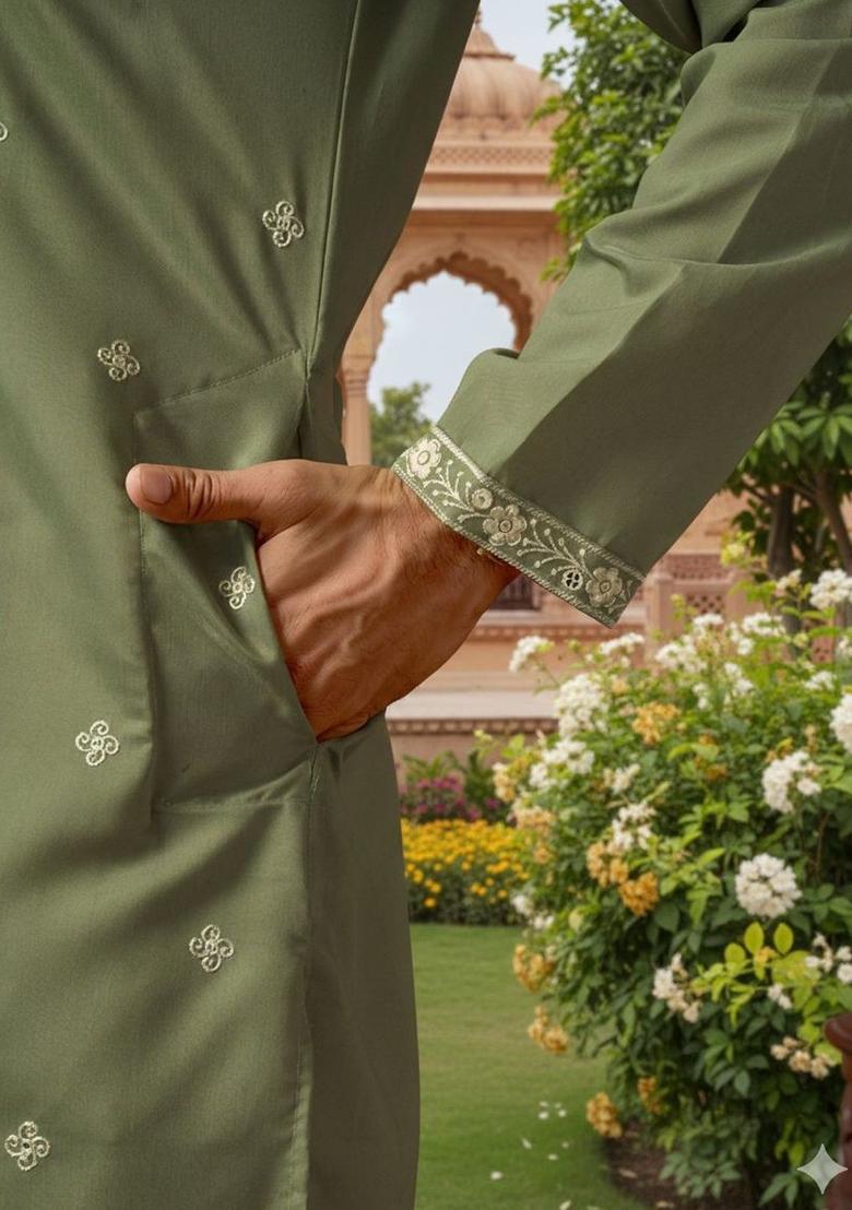 Olive Embroidered Silk Kurta Set For Men - Indya