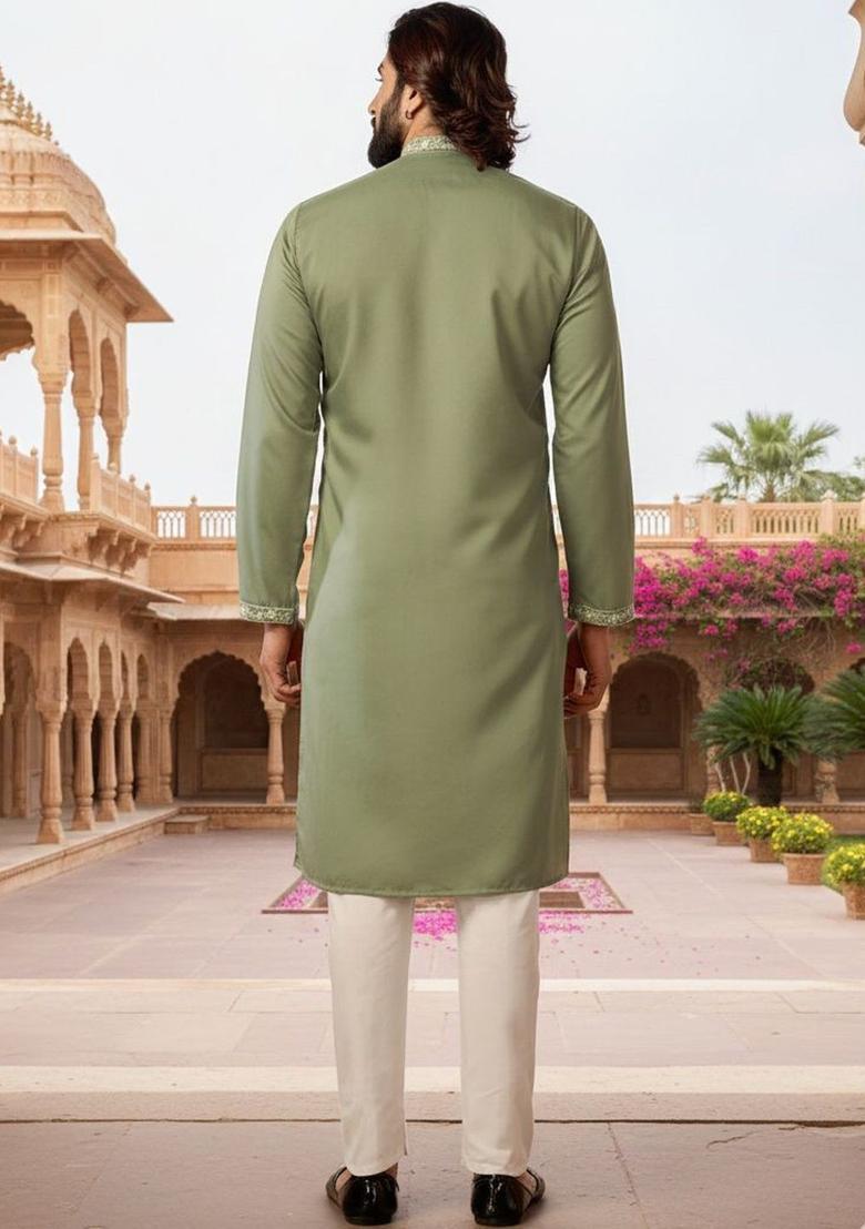 Olive Embroidered Silk Kurta Set For Men - Indya