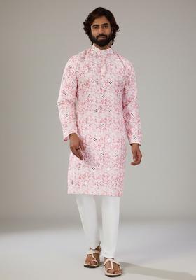 Pink Printed Silk Kurta Set For Men