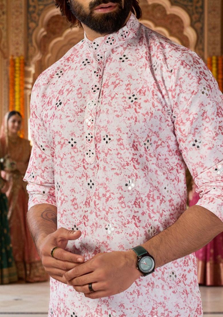 Pink Printed Silk Kurta Set For Men - Indya