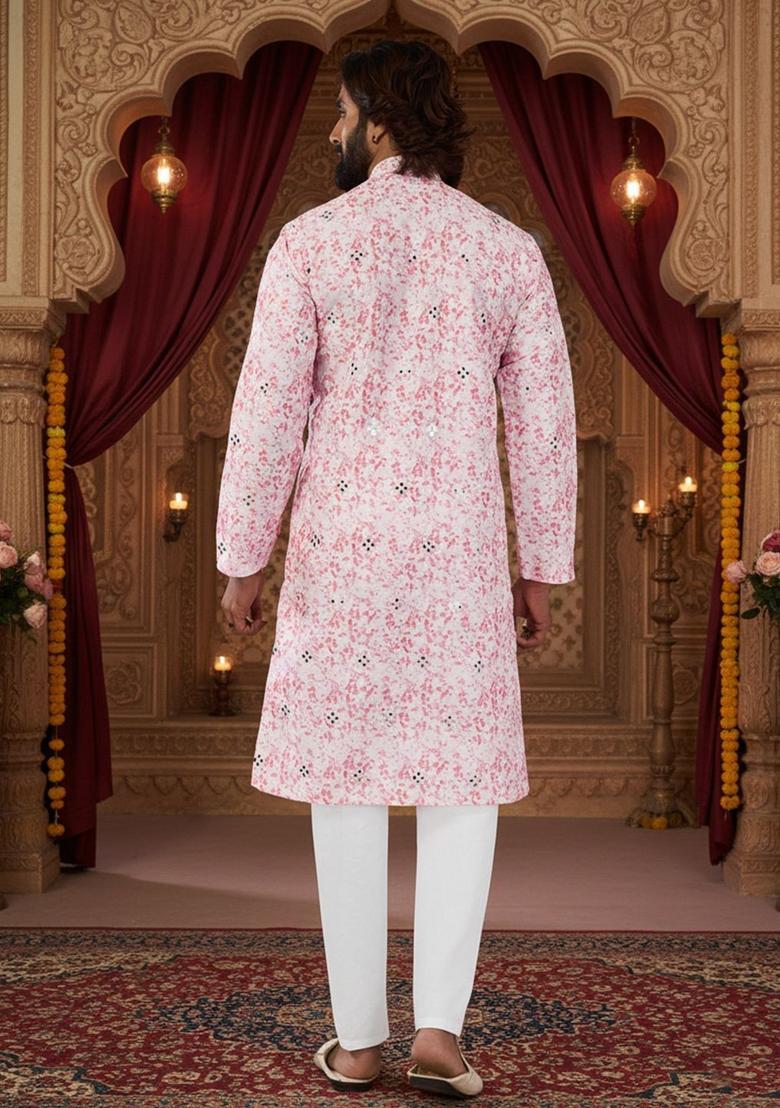 Pink Printed Silk Kurta Set For Men - Indya