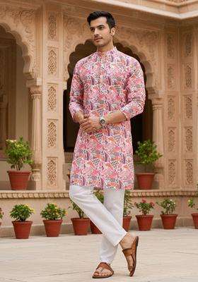 Multi Printed Silk Kurta Set For Men