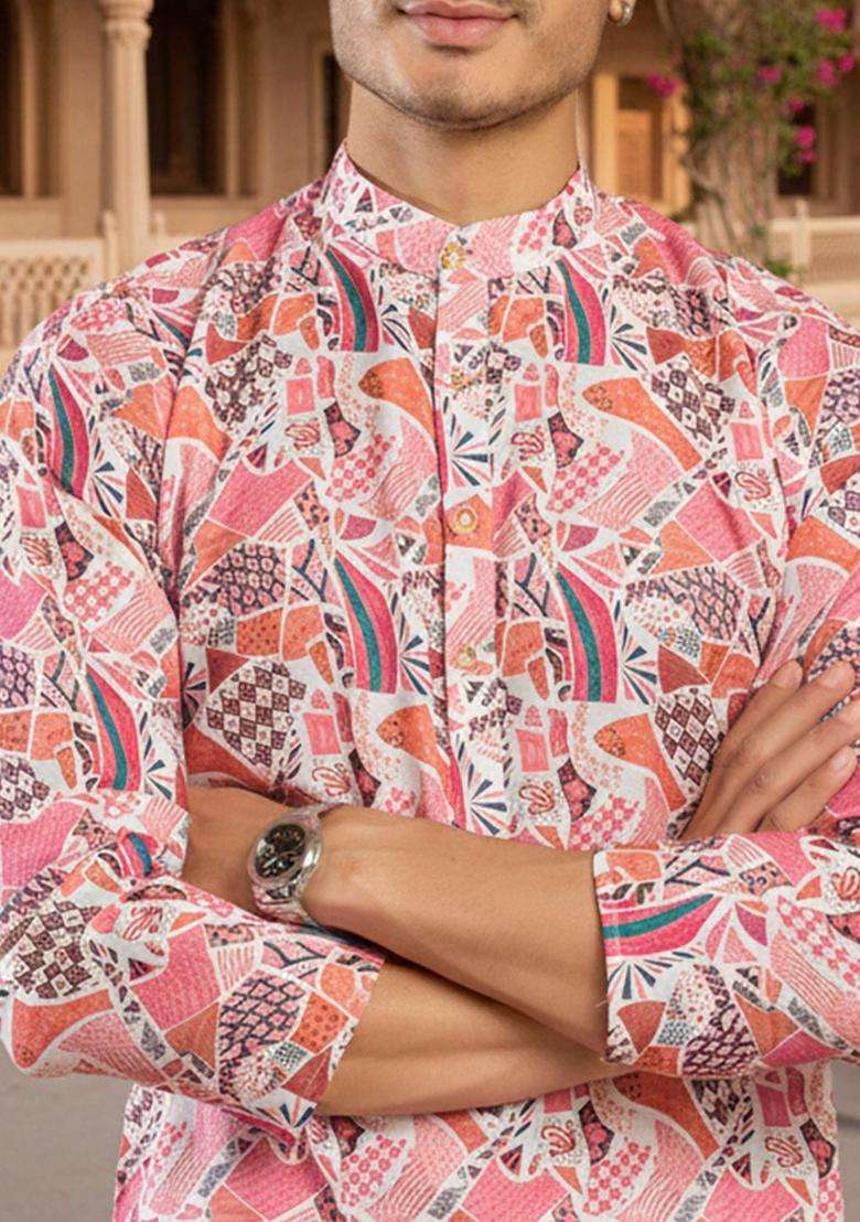 Multi Printed Silk Kurta Set For Men - Indya