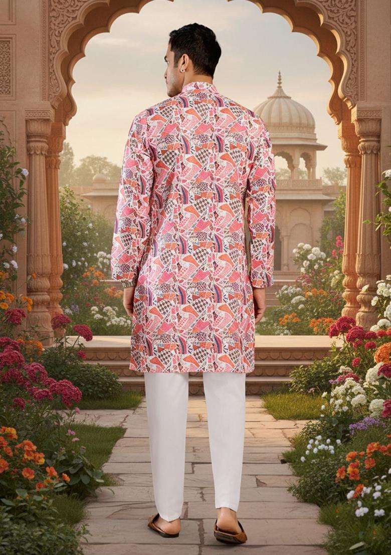 Multi Printed Silk Kurta Set For Men - Indya