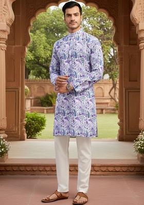 White Printed Polyester Kurta Set For Men