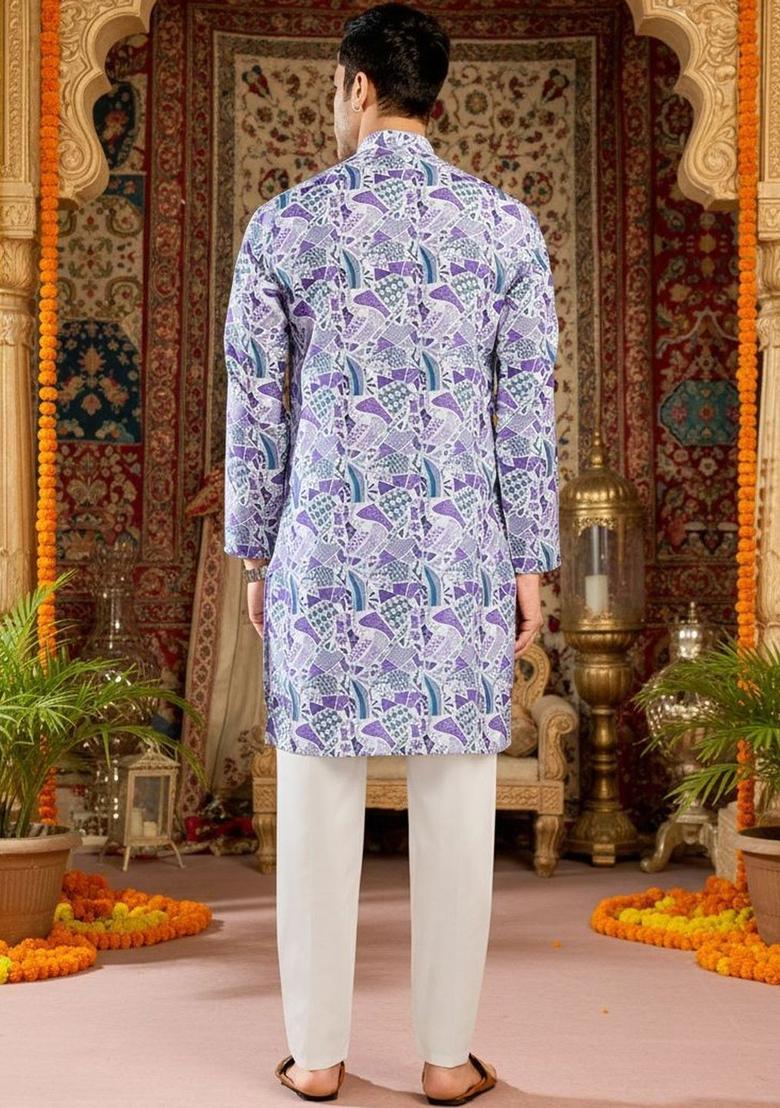 White Printed Polyester Kurta Set For Men - Indya