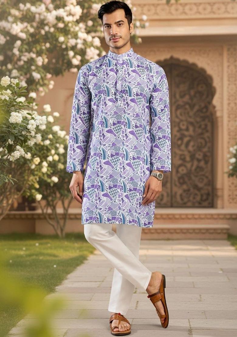 White Printed Polyester Kurta Set For Men - Indya