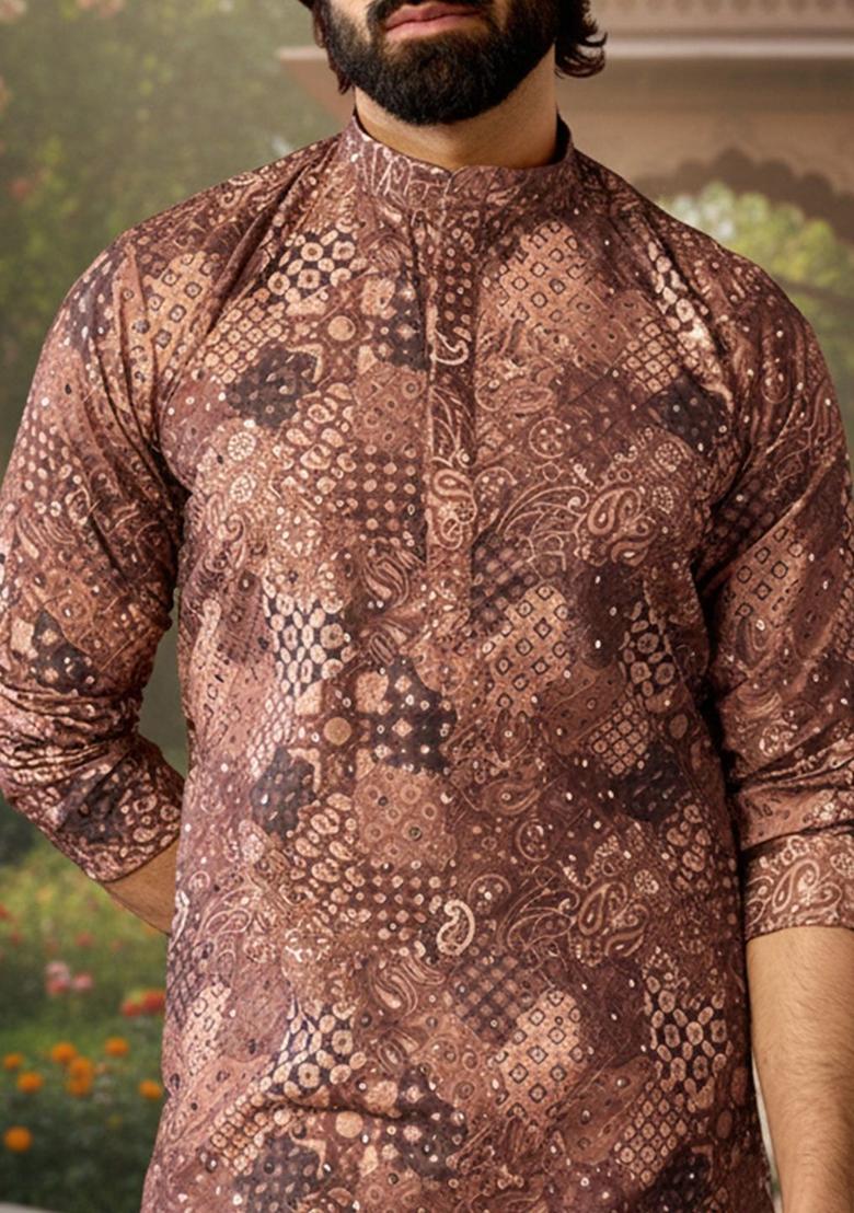 Brown Printed Cotton Kurta Set For Men - Indya