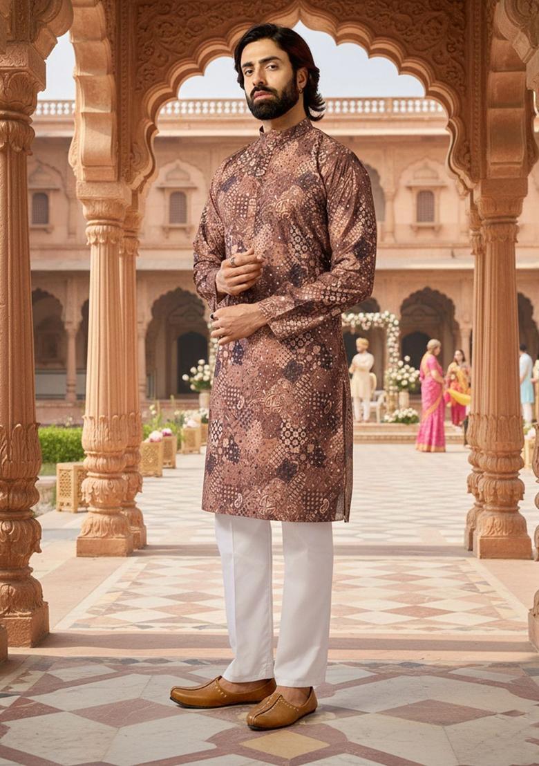 Brown Printed Cotton Kurta Set For Men - Indya