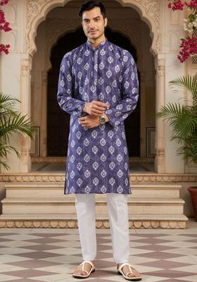 Purple Printed Cotton Kurta Set For Men
