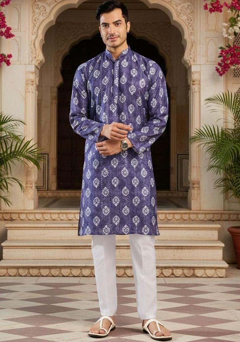 Purple Printed Cotton Kurta Set For Men - Indya
