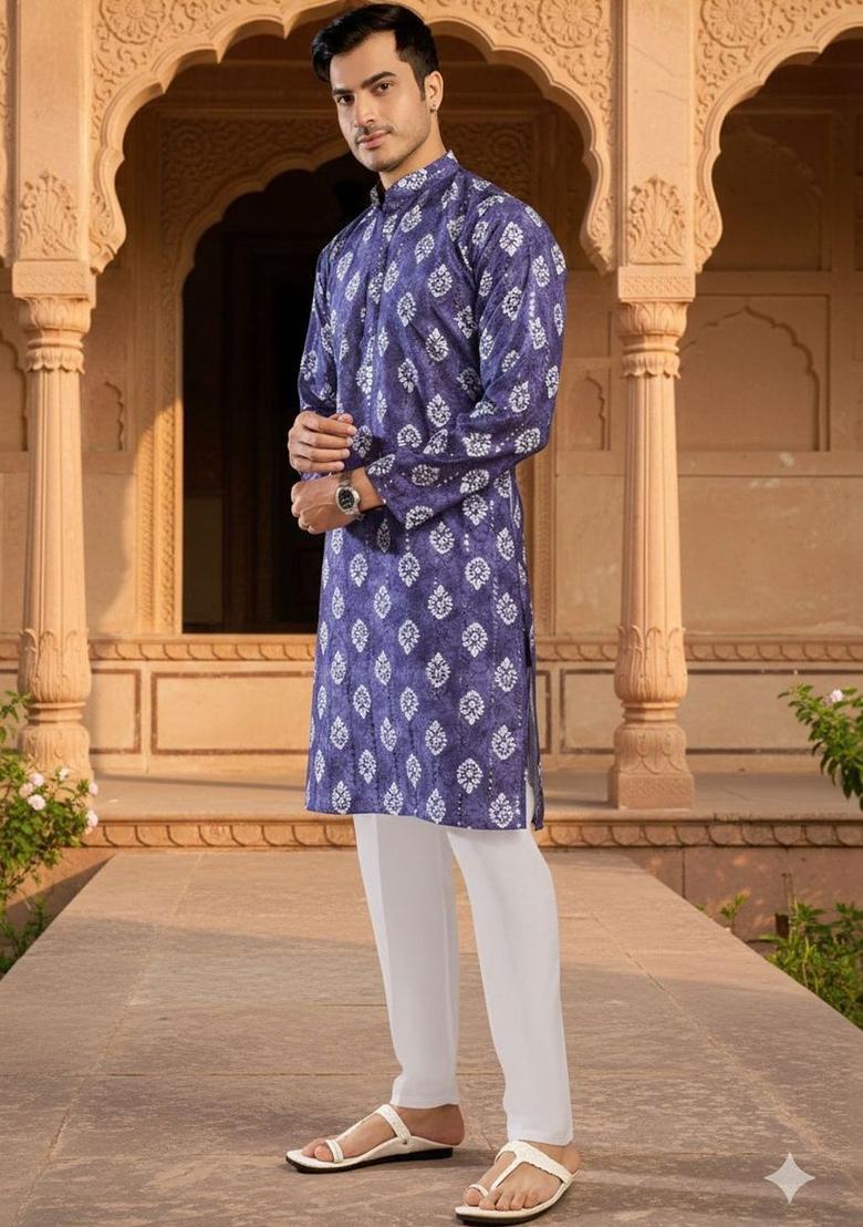 Purple Printed Cotton Kurta Set For Men - Indya