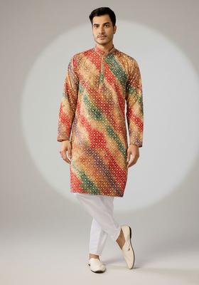Beige Embroidered Cotton Kurta Set For Men