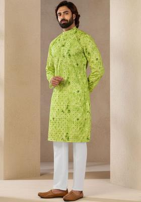 Green Dyed Silk Kurta Set For Men