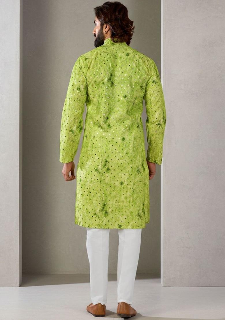 Green Dyed Silk Kurta Set For Men - Indya