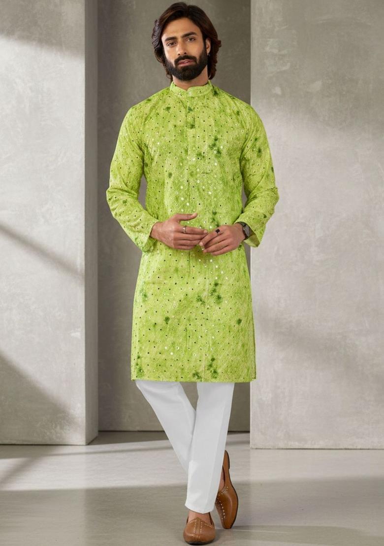 Green Dyed Silk Kurta Set For Men - Indya