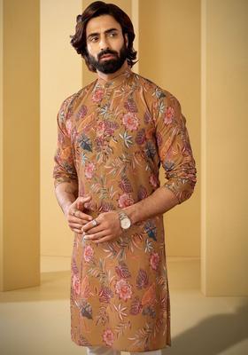 Brown Printed Polyester Kurta Set For Men