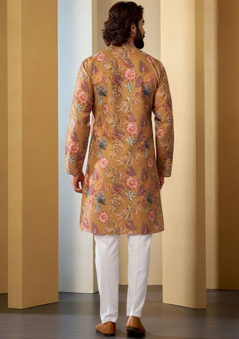 Brown Printed Polyester Kurta Set For Men - Indya