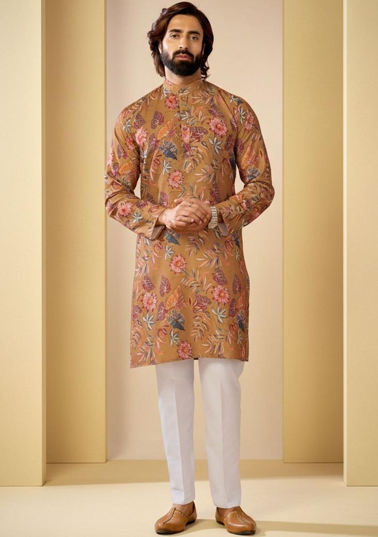 Brown Printed Polyester Kurta Set For Men - Indya