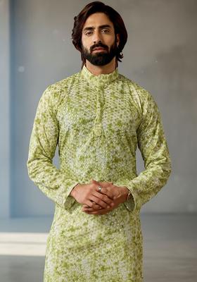 Green Dyed Silk Kurta Set For Men