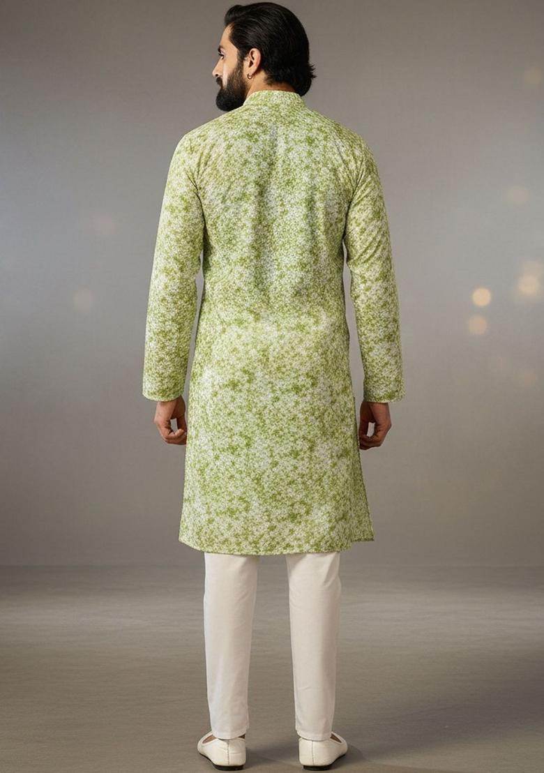 Green Dyed Silk Kurta Set For Men - Indya