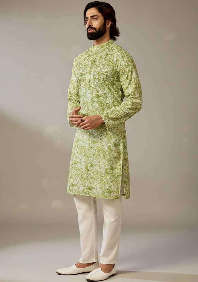 Green Dyed Silk Kurta Set For Men - Indya
