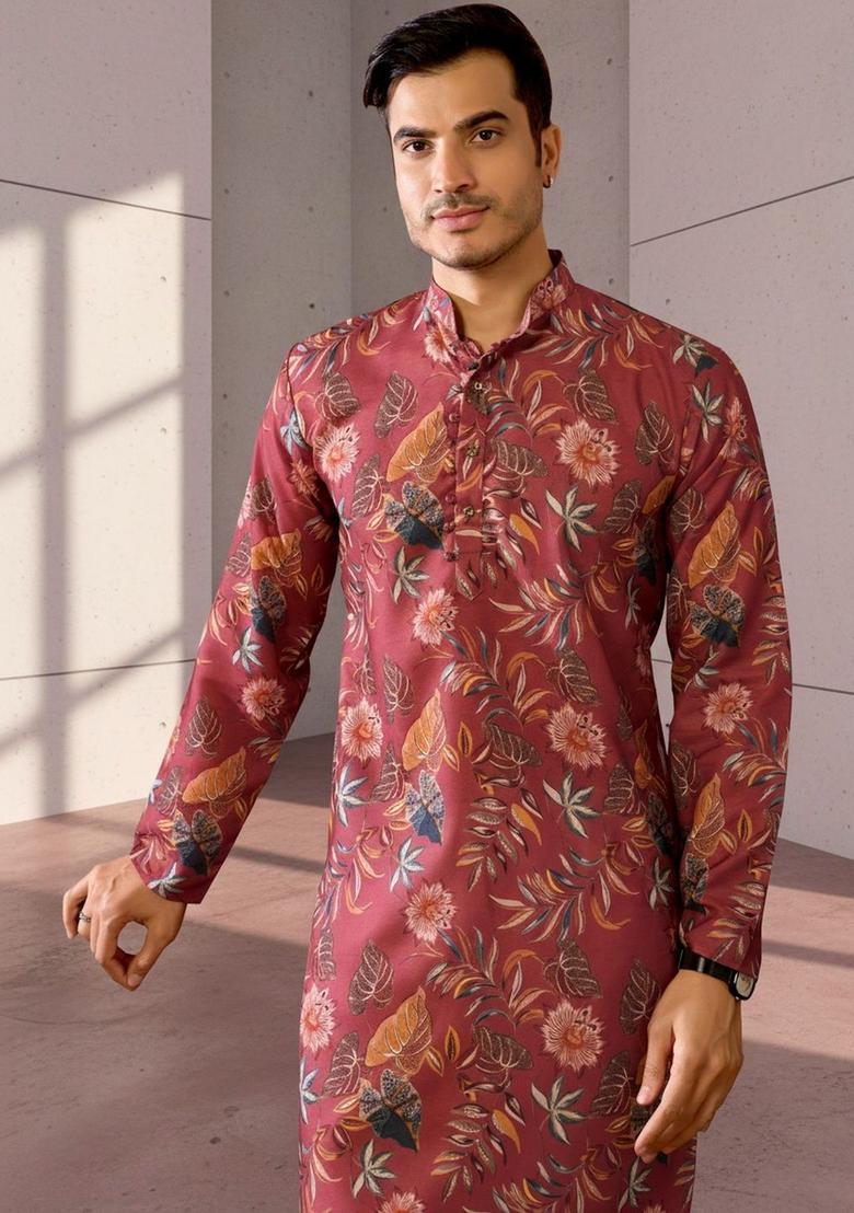 Maroon Printed Cotton Kurta Set For Men - Indya