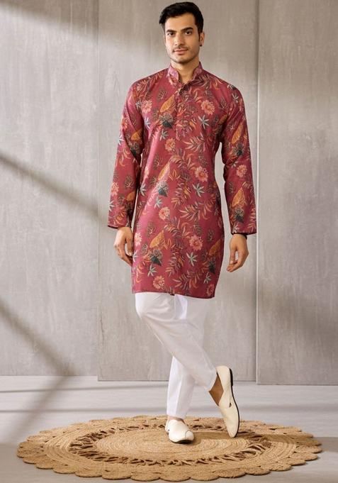Maroon Printed Cotton Kurta Set For Men