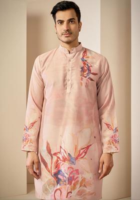 Pink Printed Silk Kurta Set For Men