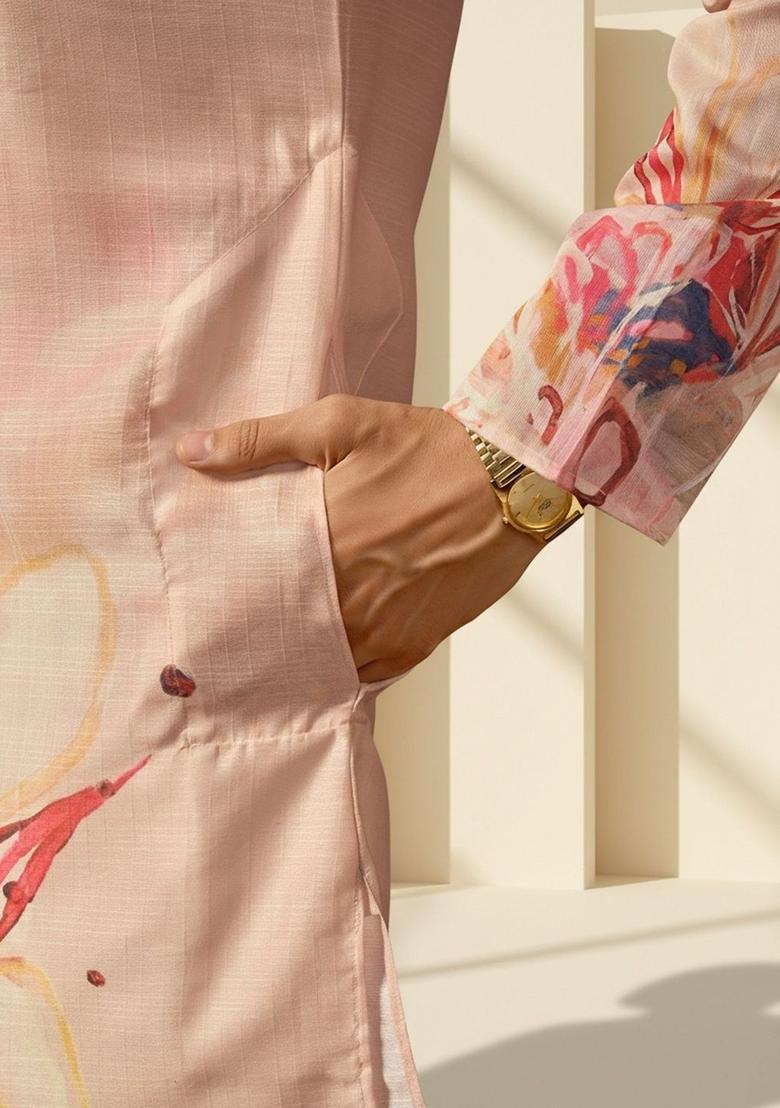 Pink Printed Silk Kurta Set For Men - Indya